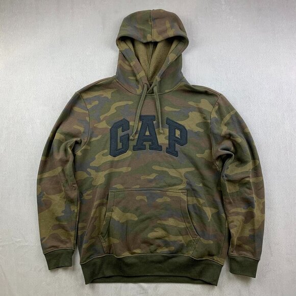 Gap Mens Sweater Small Green Camo Hoodie Long Sleeve Soft Arch Logo Pullover - Picture 1 of 10